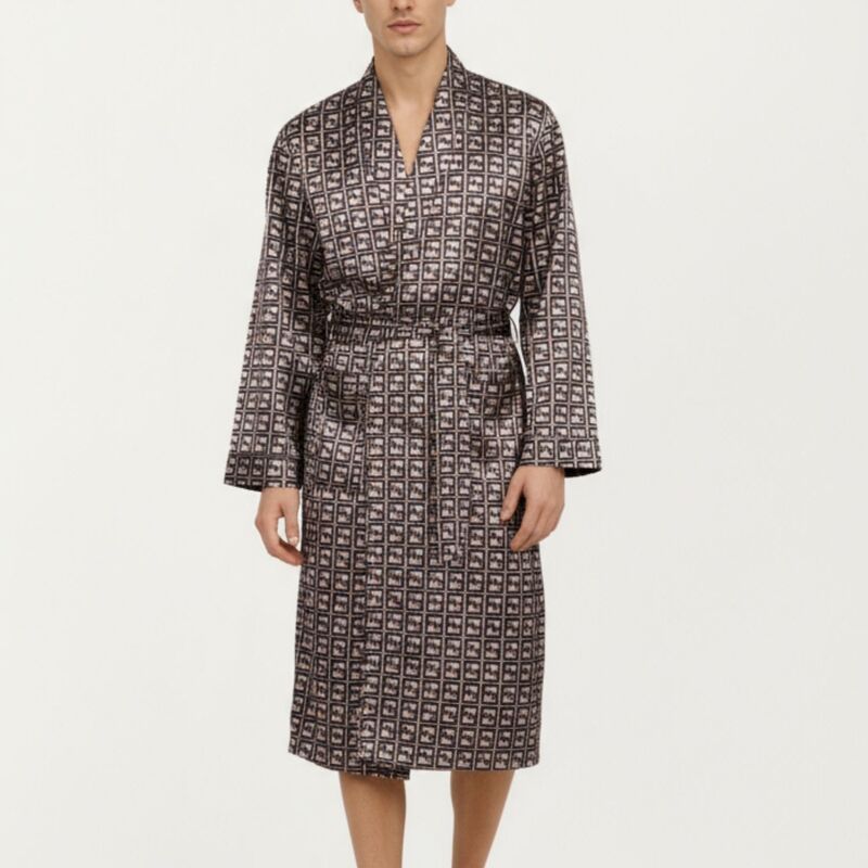 アンナカシ レディース アンダーお召しもの ナイト爵お召しもの 繻子 Anna-Kaci Men\u0027satin Robe with Geometric Square Pattern and Waistie Belt Khaki カーキ