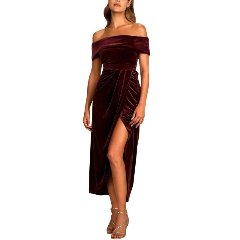 読みやすい御花 レディース トップス 衣装 ギャザー 天鵞絨 マキシ ClearFlower Women\u0027summer Casual Velvet Off Shoulder Maxi Dress Ruched Short Sleeve Slit Party Long Dress Wine Red 赤いこと