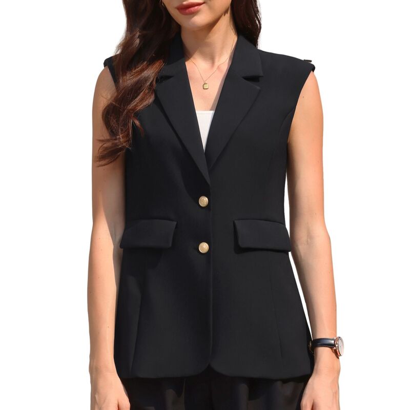 インスパイア シック レディース アウター ジャケット・ブルゾン ボタンダウン ベスト ノースリーブ ダウン ブレザー INSPIRE CHIC Women'sleeveless Blazer Lapel Neck Button Down Summer Business Casual Jacket Long Vest Black ブラック｜ReVida 店