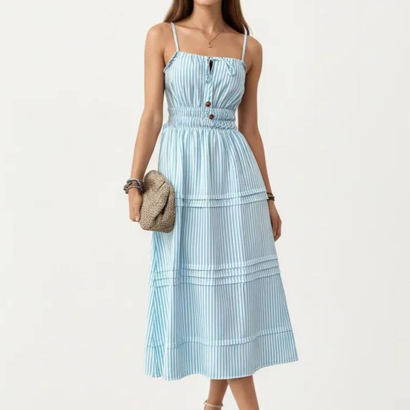 アンナカシ レディース トップス 衣装 midi ノースリーブ シャーリング Anna-Kaci Women\u0027sleevelesstriped Midi Dress with Adjustable Strapsmocked Waist Button Front Light Blue 青み