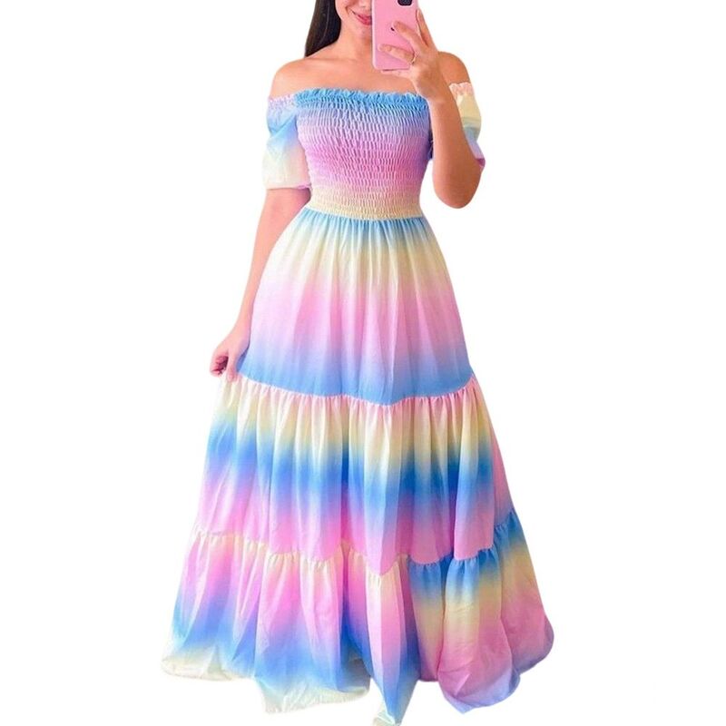 読みやすい御花 レディース トップス 衣装 ティアード フラウンス シャーリング マキシ ClearFlower Women Off Shoulderainbow Gradient Maxi Dressmocked Tiered Ruffle Long Dress Multicolor マルチ色つや