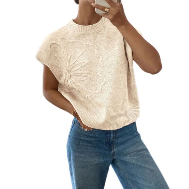 イエスファッション レディース アウター ニット・セーター フラワー柄 ベスト フラワー Yesfashion Women'short Sleeve Sweater 3D Floral Sweaters Causal Knit Vestank Tops Apricot アプリコット|ReVida 店