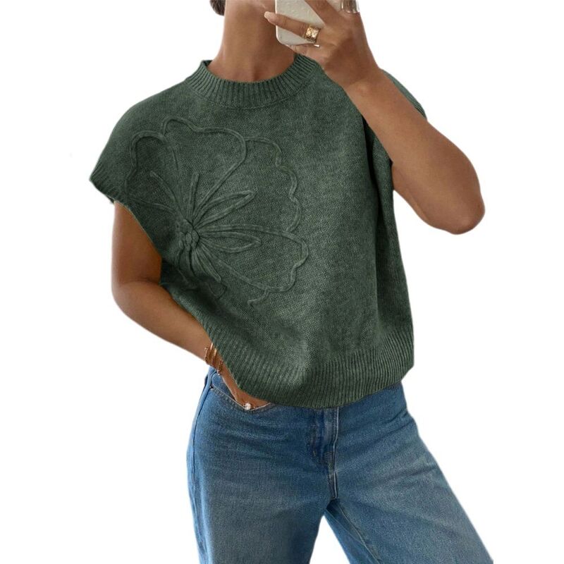 イエスファッション レディース アウター ニット・セーター フラワー柄 ベスト フラワー Yesfashion Women'short Sleeve Sweater 3D Floral Sweaters Causal Knit Vestank Tops Dark Green グリーン｜ReVida 店