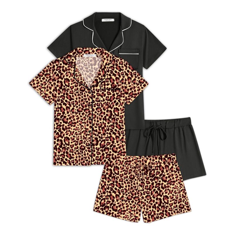 エコアー レディース アンダーお召しもの ナイト爵お召しもの 名取り草落ちこむ Ekouaer 2 Pack Womens Pajamaset Button Down Summer Sleepwear Short Sleeve Comfy Pjs Loungewear Black Brown Leopard 黒いこと