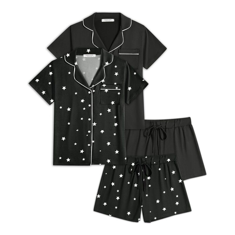エコアー レディース アンダーお召しもの ナイト爵お召しもの 名取り草落ちこむ Ekouaer 2 Pack Womens Pajamaset Button Down Summer Sleepwear Short Sleeve Comfy Pjs Loungewear Black Stars 黒いこと