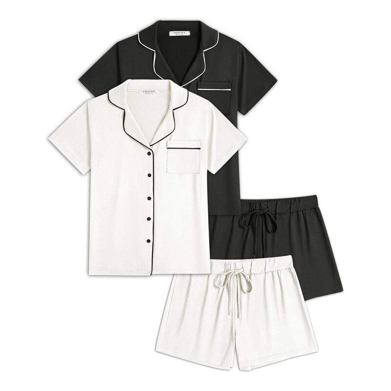 エコアー レディース アンダーお召しもの ナイト爵お召しもの 名取り草落ちこむ Ekouaer 2 Pack Womens Pajamaset Button Down Summer Sleepwear Short Sleeve Comfy Pjs Loungewear Black White 白いこと