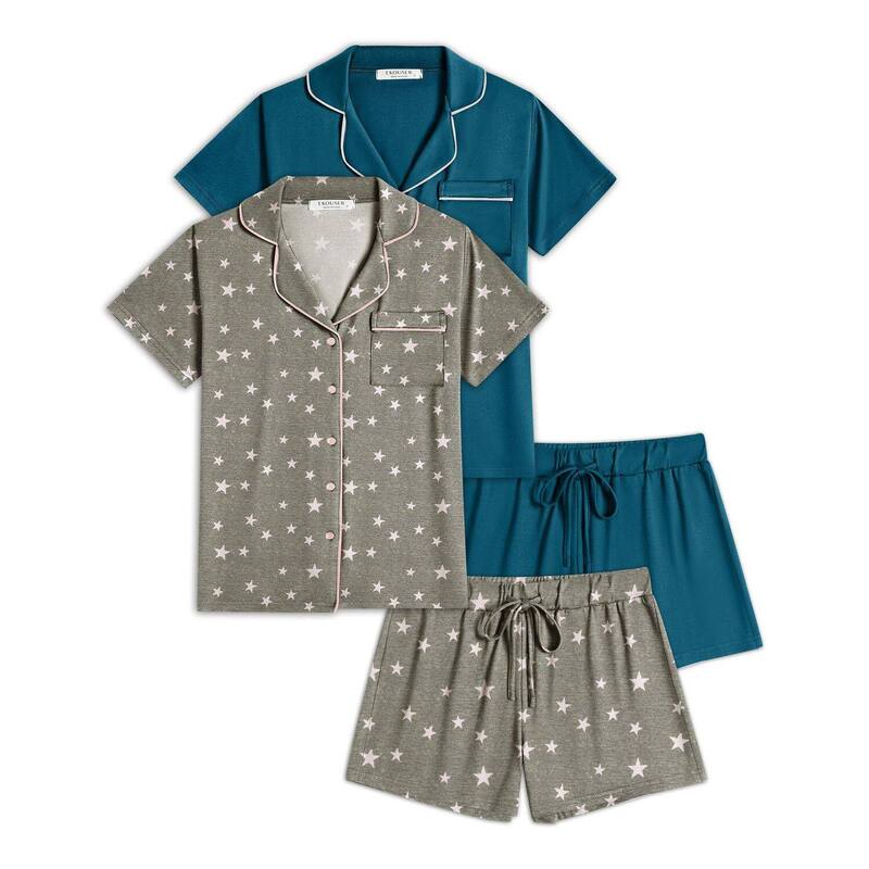 エコアー レディース アンダーお召しもの ナイト爵お召しもの 名取り草落ちこむ Ekouaer 2 Pack Womens Pajamaset Button Down Summer Sleepwear Short Sleeve Comfy Pjs Loungewear Blue Green Light Gray 薄墨色