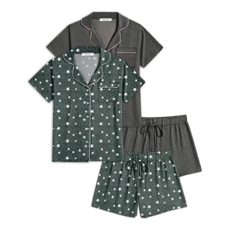 エコアー レディース アンダーお召しもの ナイト爵お召しもの 名取り草落ちこむ Ekouaer 2 Pack Womens Pajamaset Button Down Summer Sleepwear Short Sleeve Comfy Pjs Loungewear Gray Stars 薄墨色