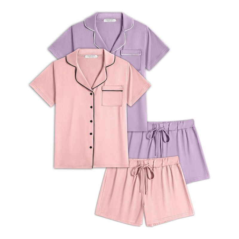 エコアー レディース アンダーお召しもの ナイト爵お召しもの 名取り草落ちこむ Ekouaer 2 Pack Womens Pajamaset Button Down Summer Sleepwear Short Sleeve Comfy Pjs Loungewear Lilac Pink サクラ色