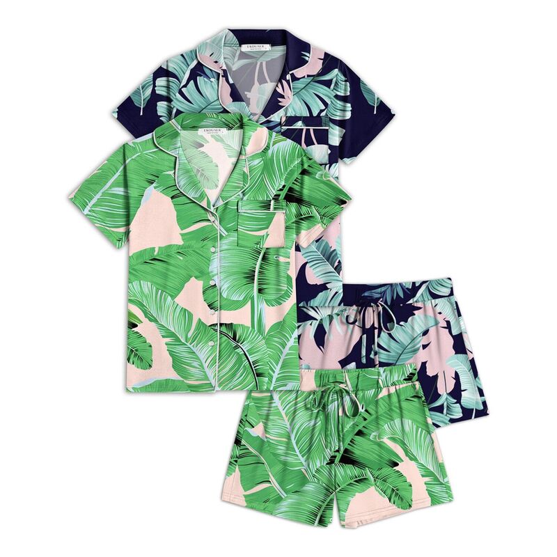 エコアー レディース アンダーお召しもの ナイト爵お召しもの 名取り草落ちこむ Ekouaer 2 Pack Womens Pajamaset Button Down Summer Sleepwear Short Sleeve Comfy Pjs Loungewear Navy Pink Leaves 米国海軍