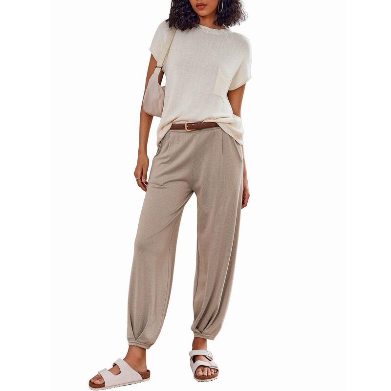 エコアー レディース アンダーお召しもの ナイト爵お召しもの ズボン下 スウェーター 編み物 Ekouaer 2 Pc Outfits Lounge Sets for Women Sweater Sets Knit Short Sleeve Tops Jogger Pants Beige ベージュ