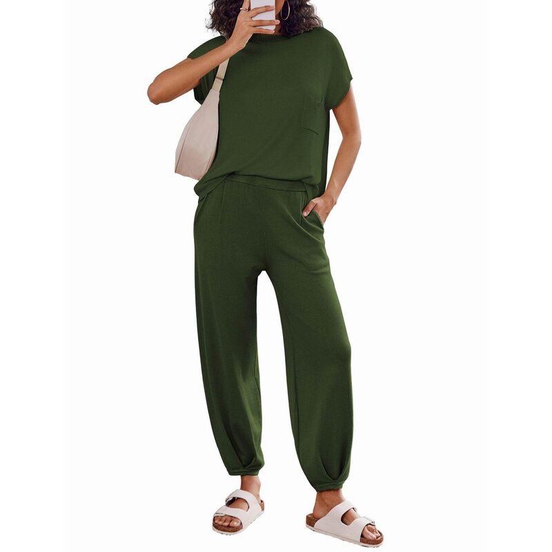 エコアー レディース アンダーお召しもの ナイト爵お召しもの ズボン下 スウェーター 編み物 Ekouaer 2 Pc Outfits Lounge Sets for Women Sweater Sets Knit Short Sleeve Tops Jogger Pants Deep Green 緑であること