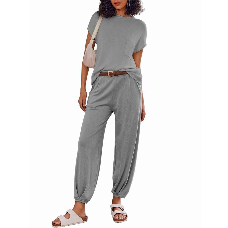 エコアー レディース アンダーお召しもの ナイト爵お召しもの ズボン下 スウェーター 編み物 Ekouaer 2 Pc Outfits Lounge Sets for Women Sweater Sets Knit Short Sleeve Tops Jogger Pants Grey 薄墨色