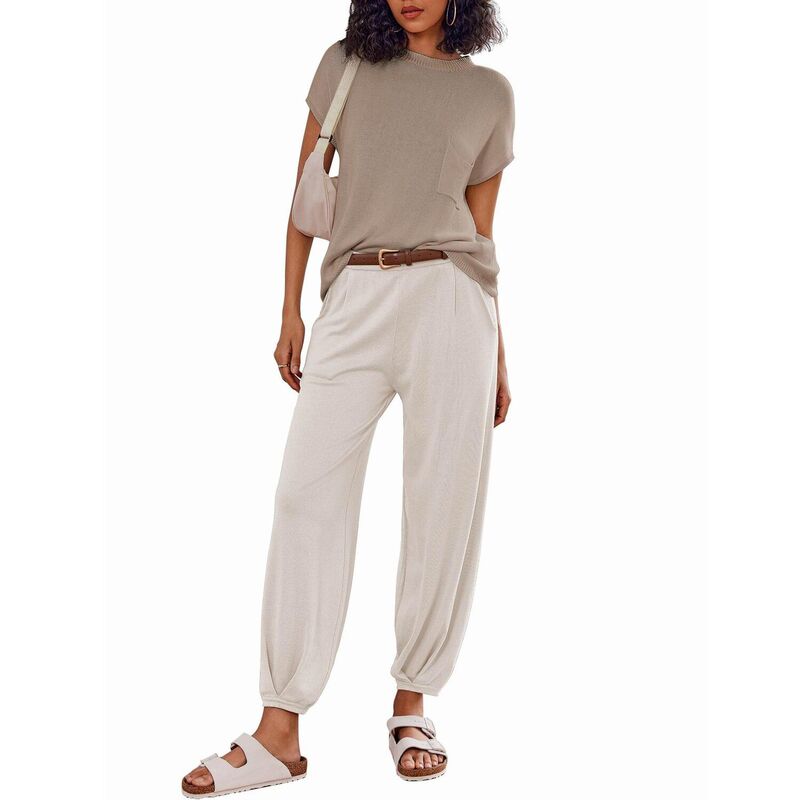エコアー レディース アンダーお召しもの ナイト爵お召しもの ズボン下 スウェーター 編み物 Ekouaer 2 Pc Outfits Lounge Sets for Women Sweater Sets Knit Short Sleeve Tops Jogger Pants Khaki カーキ