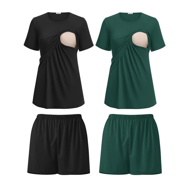 エコアー レディース アンダーお召しもの ナイト爵お召しもの マタニティ Ekouaer 2 Pack Women\u0027s Nursing Pajamaset Double Layer Maternity Pjs Postpartum Loungewear Set Black Green 黒いこと