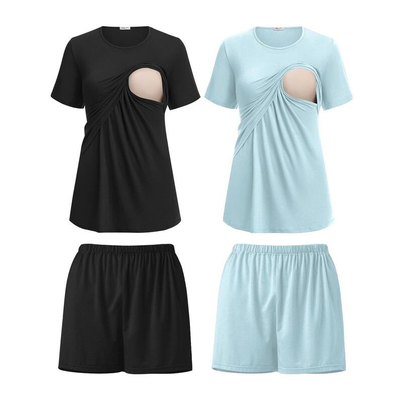 エコアー レディース アンダーお召しもの ナイト爵お召しもの マタニティ Ekouaer 2 Pack Women\u0027s Nursing Pajamaset Double Layer Maternity Pjs Postpartum Loungewear Set Black Light Blue 黒いこと