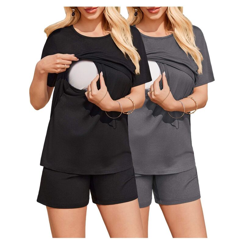 エコアー レディース アンダーお召しもの ナイト爵お召しもの マタニティ Ekouaer 2 Pack Women\u0027s Nursing Pajamaset Double Layer Maternity Pjs Postpartum Loungewear Set Grey Black 黒いこと