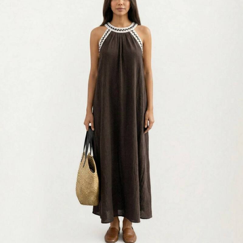 アンナカシ レディース トップス 衣装 A 生産ライン ノースリーブ 対比 マキシ ホルター Anna-Kaci Sleeveless Halter Neck Maxi Dress with Contrastrim Detail and Relaxed Flowy A-Line Silhouette Brown 赤銅色