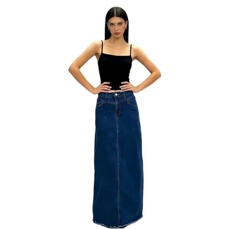 イエスファッション レディース ボトムスカート A ライン ハイウエスト マキシ Yesfashion Women Frayed Raw Hem High Waist A-Line Long Maxi Skirt Dark Blue ブルー｜ReVida 店