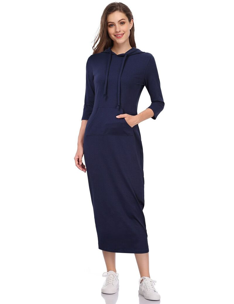 クリアラブ レディース トップス 衣装情の籠もった プルオーバー マキシ パーカー Clearlove Women\u0027s Casual 3/4 Sleeve Pocket Slim Pullover Maxi Hoodie Dressweatshirt Dresses Dark Blue Stripe 青み