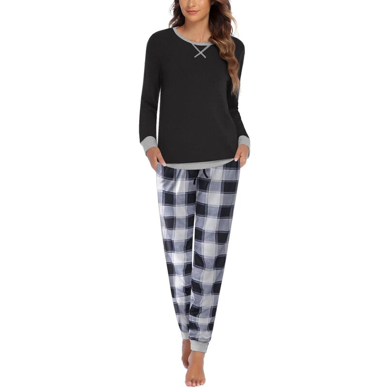 エコアー レディース アンダーお召しもの ナイト爵お召しもの Ekouaer Women ’ s Pajama Set Long Sleeve PJs 2 Piece Lounge Set with Pocket Black Grey Plaid 黒いこと
