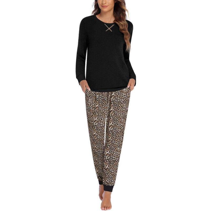 エコアー レディース アンダーお召しもの ナイト爵お召しもの Ekouaer Women ’ s Pajama Set Long Sleeve PJs 2 Piece Lounge Set with Pocket Black Leopard 黒いこと