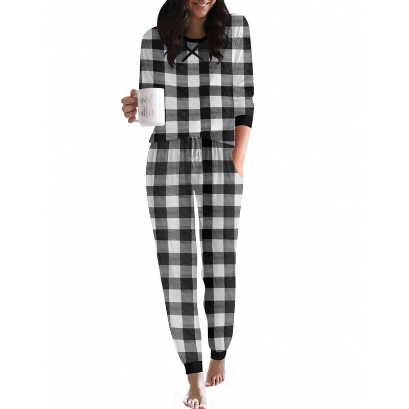 エコアー レディース アンダーお召しもの ナイト爵お召しもの Ekouaer Women ’ s Pajama Set Long Sleeve PJs 2 Piece Lounge Set with Pocket Black White Plaid 白いこと