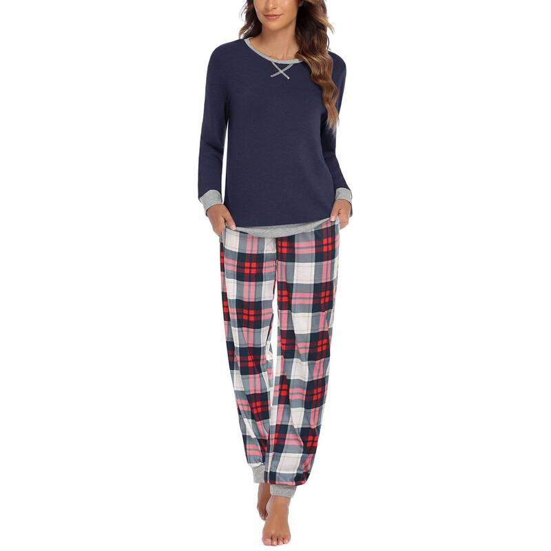 エコアー レディース アンダーお召しもの ナイト爵お召しもの Ekouaer Women ’ s Pajama Set Long Sleeve PJs 2 Piece Lounge Set with Pocket Classic Navy Plaid 米国海軍