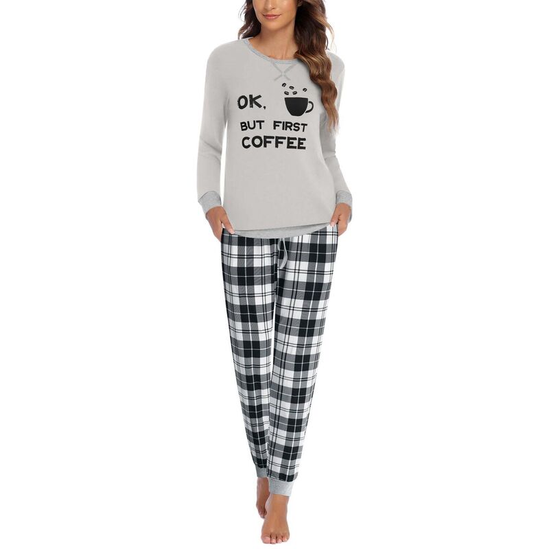 エコアー レディース アンダーお召しもの ナイト爵お召しもの Ekouaer Women ’ s Pajama Set Long Sleeve PJs 2 Piece Lounge Set with Pocket Grey Plaid 薄墨色
