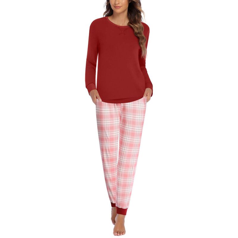 エコアー レディース アンダーお召しもの ナイト爵お召しもの Ekouaer Women ’ s Pajama Set Long Sleeve PJs 2 Piece Lounge Set with Pocket Light Red Plaid 赤いこと