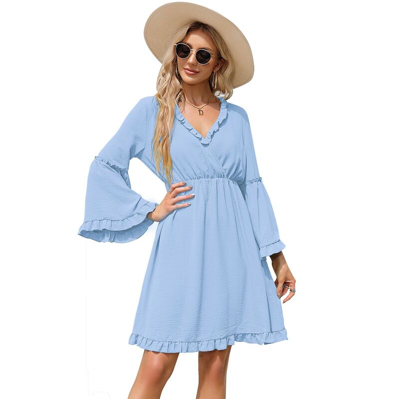 コジョイン レディース トップス 衣装 V素っ首 A 伝達ルート フラウンス ミニ Kojooin Women\u0027s Long Sleeve Dress Wrap V-Neck Bell Sleeve A-line Mini Dress Ruffle Flowy Swing Dresses Blue 青み