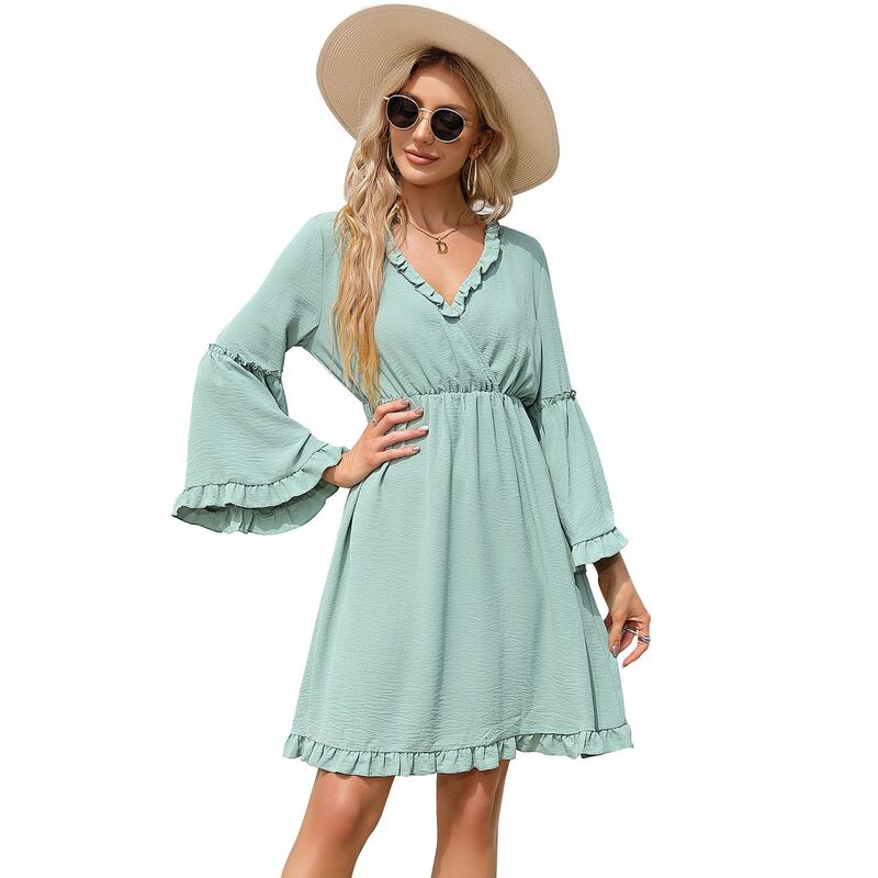 コジョイン レディース トップス 衣装 V素っ首 A 伝達ルート フラウンス ミニ Kojooin Women\u0027s Long Sleeve Dress Wrap V-Neck Bell Sleeve A-line Mini Dress Ruffle Flowy Swing Dresses Green 緑であること