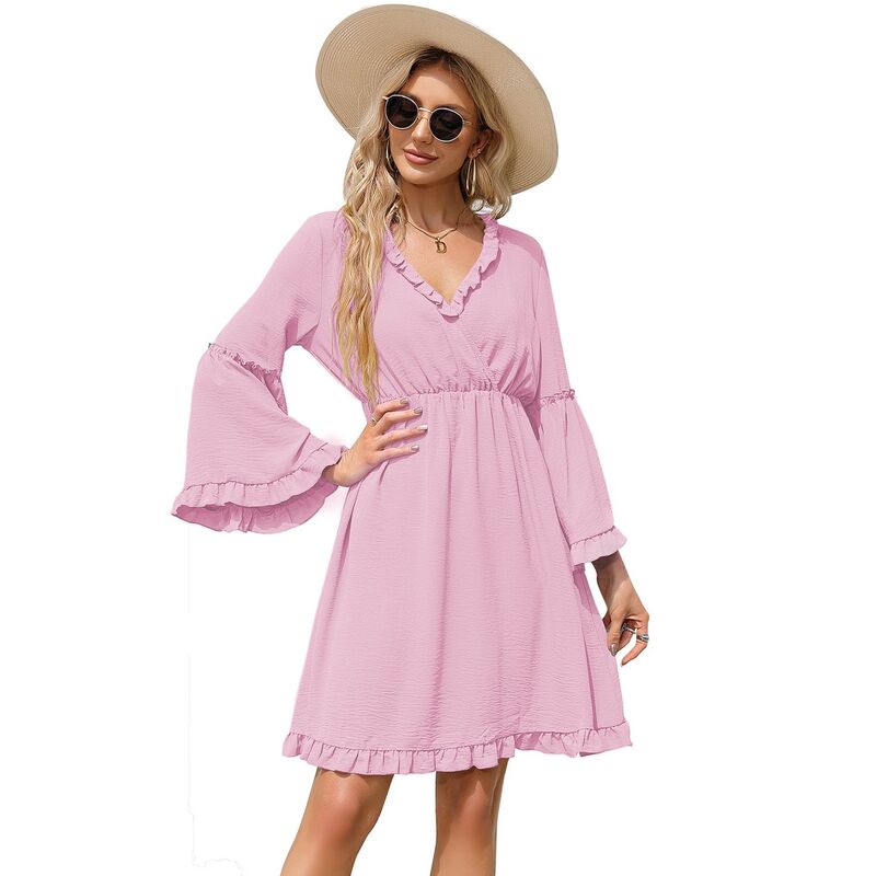 コジョイン レディース トップス 衣装 V素っ首 A 伝達ルート フラウンス ミニ Kojooin Women\u0027s Long Sleeve Dress Wrap V-Neck Bell Sleeve A-line Mini Dress Ruffle Flowy Swing Dresses Pink サクラ色