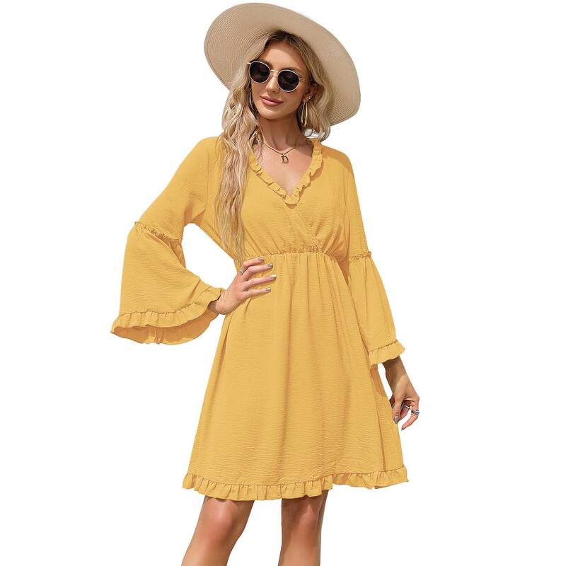 コジョイン レディース トップス 衣装 V素っ首 A 伝達ルート フラウンス ミニ Kojooin Women\u0027s Long Sleeve Dress Wrap V-Neck Bell Sleeve A-line Mini Dress Ruffle Flowy Swing Dresses Yellow 黄色