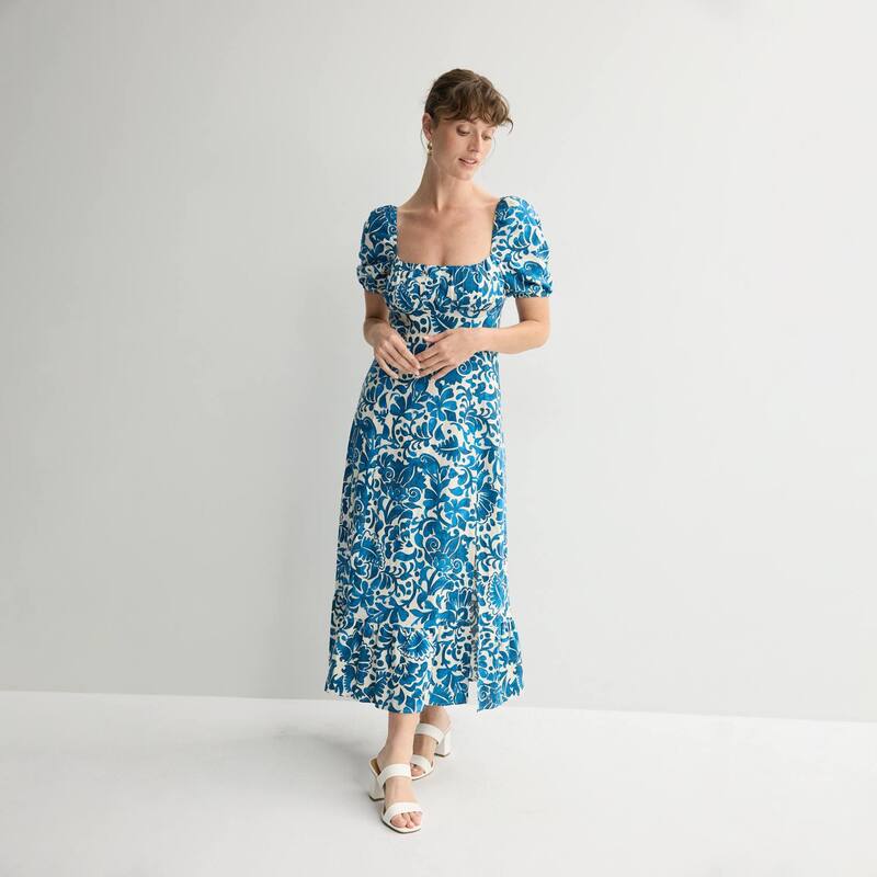 英国の首都タイムス レディース トップス 衣装 ギャザー midi シャーリング 帝国 Women\u0027s London Times Puff Sleeve Ruched Empire Smocked Back Midi Dress Blue 青み