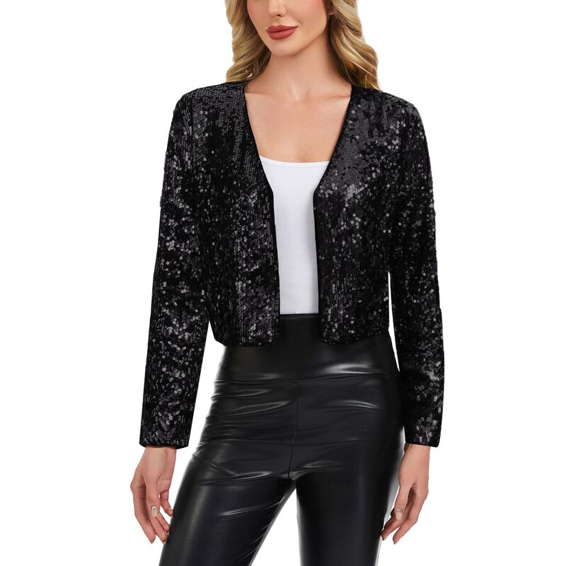 アンナカシ レディース アウター ジャケット・ブルゾン スパンコール カーディガン クロップド Anna-Kaci Women'sequin Open Front Cardigan with Long Sleeves and Cropped Fit Black ブラック｜ReVida 店