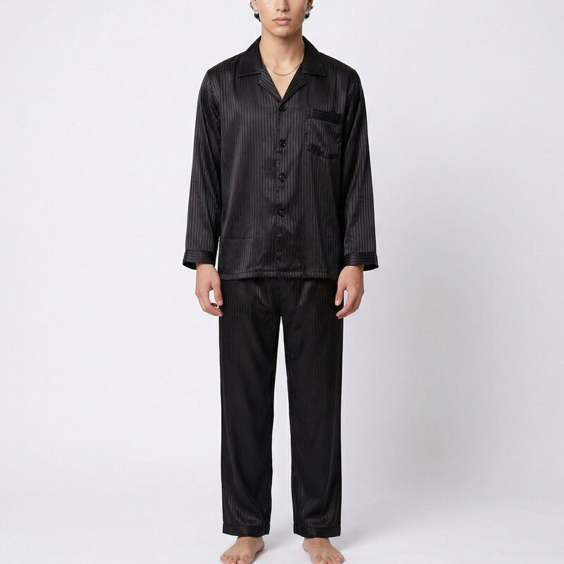 アンナカシ レディース アンダーお召しもの ナイト爵お召しもの 繻子 Anna-Kaci Men\u0027s 2-Piece Set Satin Pajamas with Subtle Stripe Pattern and Button-Up Top Black 黒いこと