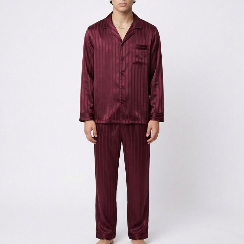 アンナカシ レディース アンダーお召しもの ナイト爵お召しもの 繻子 Anna-Kaci Men\u0027s 2-Piece Set Satin Pajamas with Subtle Stripe Pattern and Button-Up Top Burgundy バーガンディ