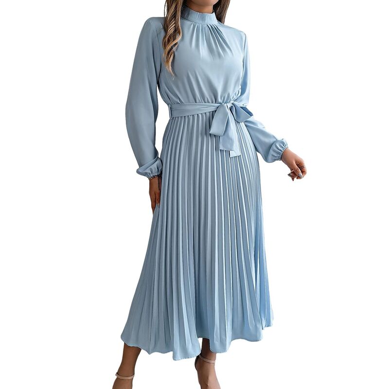 読みやすい御花 レディース トップス 衣装 筋目 midi ClearFlower Women\u0027s Midi Length Dresstand Collar Long Sleeve Pleated Self Tie Waist Flowy Casual Dress Light Blue 青み