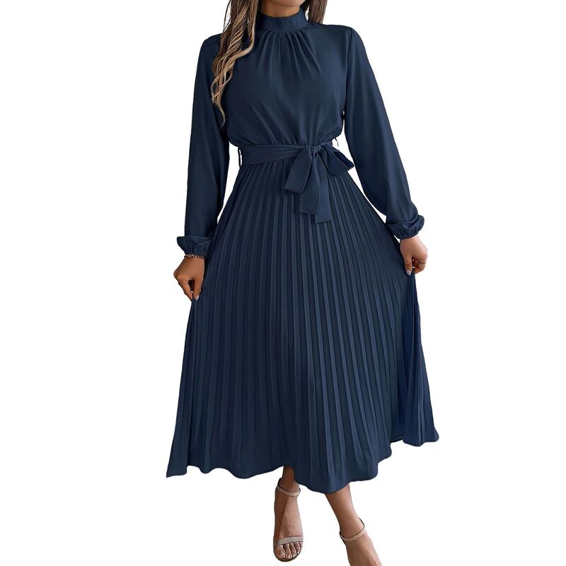 読みやすい御花 レディース トップス 衣装 筋目 midi ClearFlower Women\u0027s Midi Length Dresstand Collar Long Sleeve Pleated Self Tie Waist Flowy Casual Dress Navy Blue 米国海軍