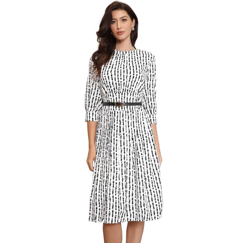 インスパイア 今めかしい レディース トップス 衣装 労働者の一団素っ首 A 伝達ルート 筋目 INSPIRE CHIC Pleatedress for Women\u0027s Puffy Half Sleeve Crew Neck Casual A-Line Dresses White 白いこと