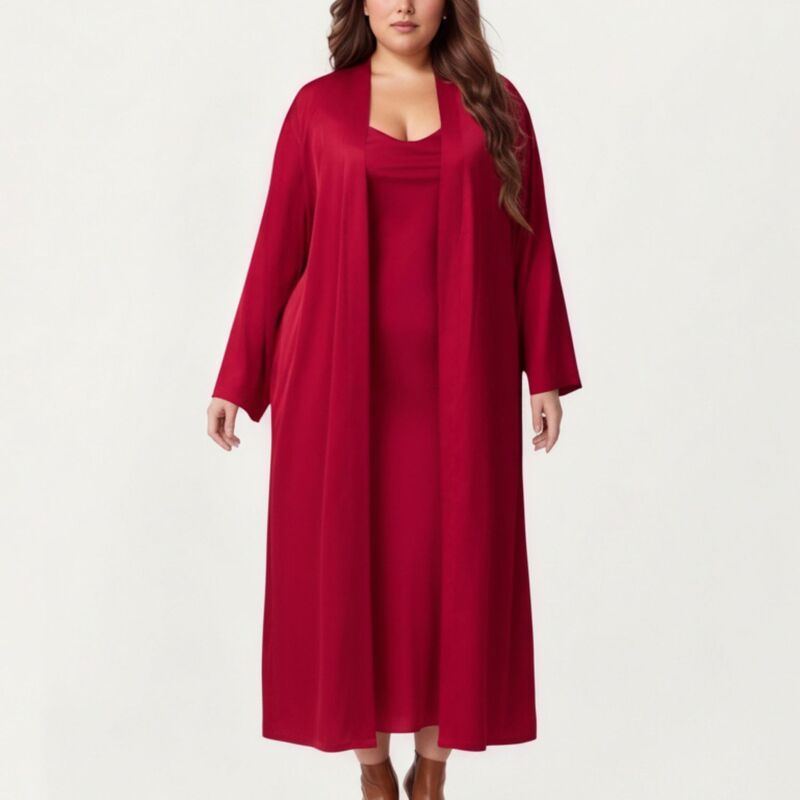 アンナカシ レディース アンダーお召しもの ナイト爵お召しもの ドレープラスサイズ Anna-Kaci Women\u0027s Plusize Long Robe Set with Soft Draped Silhouette and Smooth Flowing Fabric Red 赤いこと