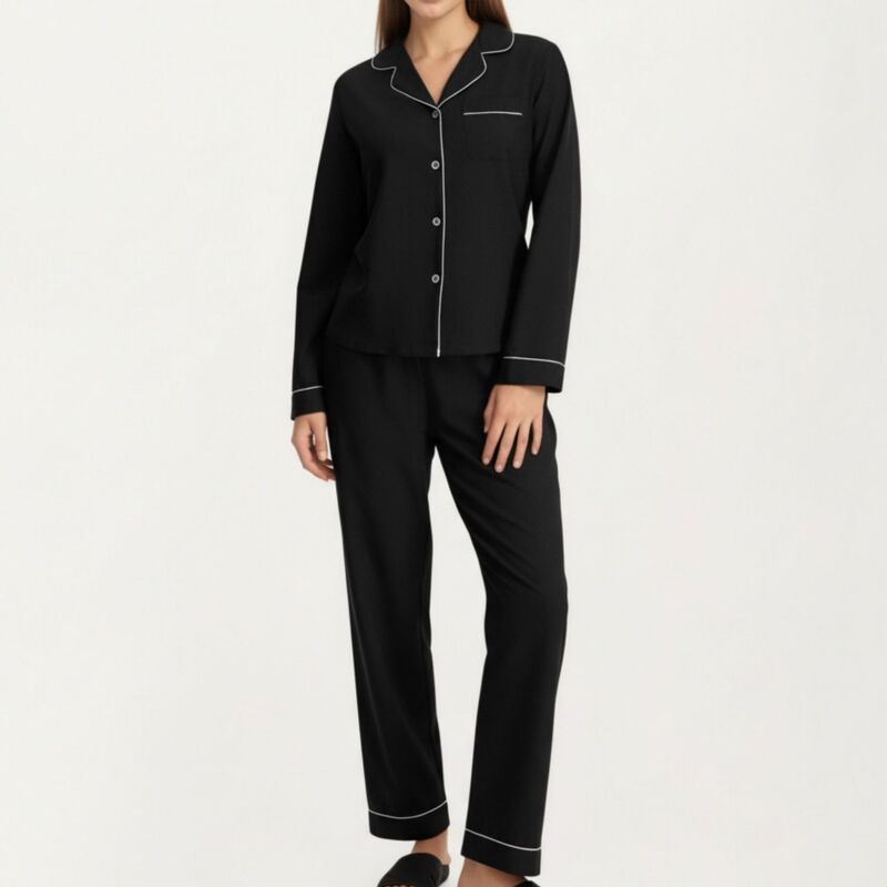 アンナカシ レディース アンダーお召しもの ナイト爵お召しもの ズボン下 Anna-Kaci Women\u0027s Long Sleeve Pajama Set with Soft Notched Collar Button Frontop and Relaxed Straight Pants Black 黒いこと
