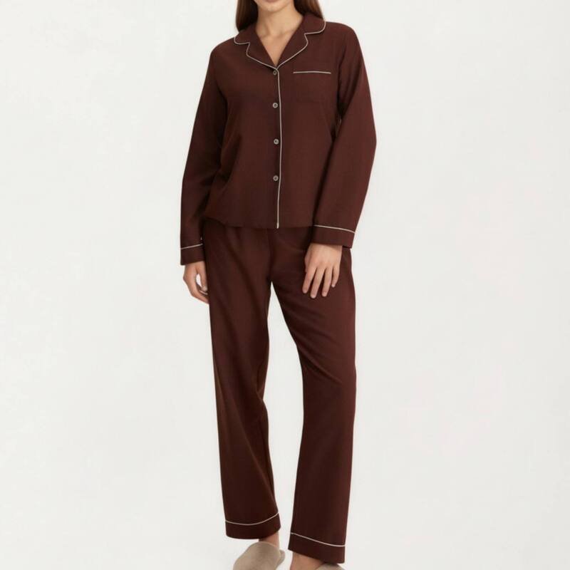 アンナカシ レディース アンダーお召しもの ナイト爵お召しもの ズボン下 Anna-Kaci Women\u0027s Long Sleeve Pajama Set with Soft Notched Collar Button Frontop and Relaxed Straight Pants Brown 赤銅色