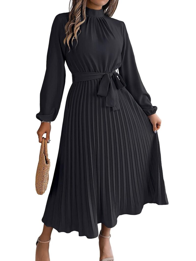 マキシスマーチ レディース トップス 衣装 モックネック 筋目 Maxxis Merch Womens Mock Neck Long Lantern Sleeve Dress Elegantie Front Flowy Cocktail Pleated Maxi Dresses Black 黒いこと
