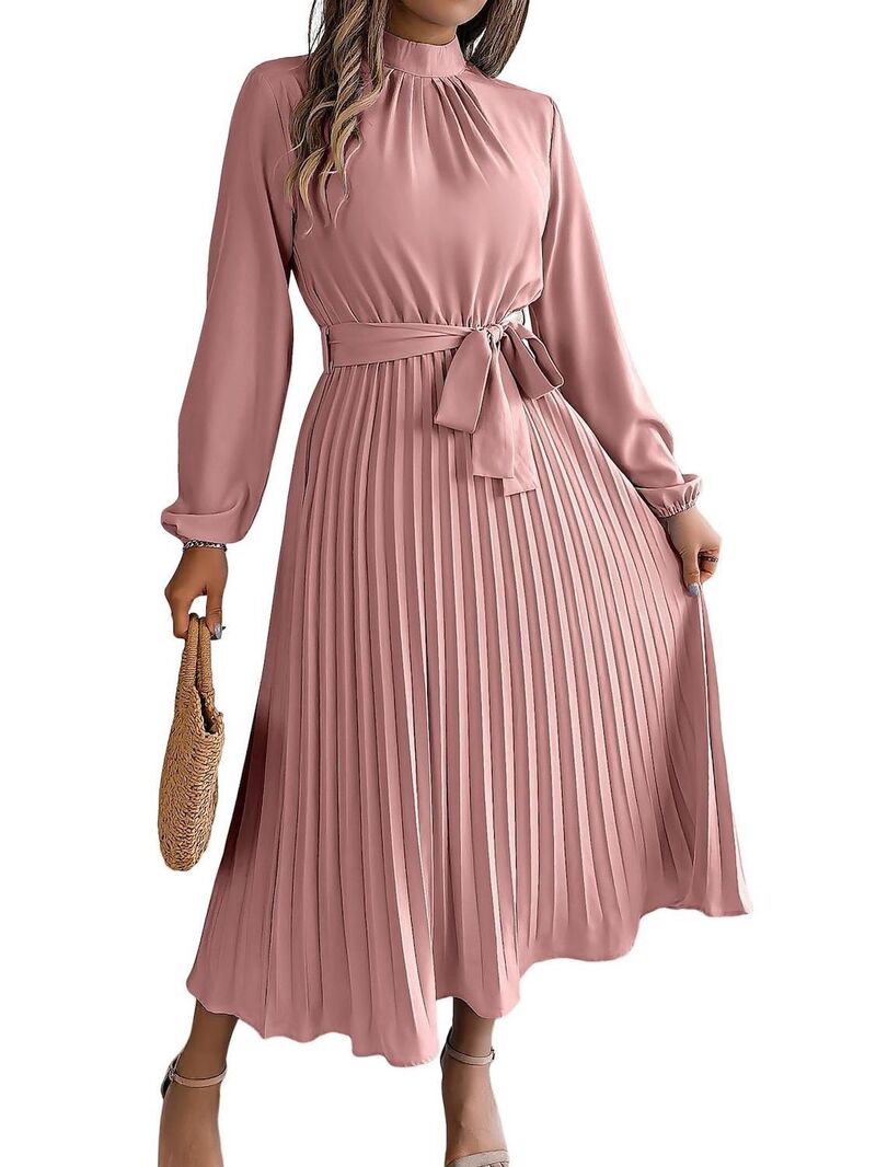 マキシスマーチ レディース トップス 衣装 モックネック 筋目 Maxxis Merch Womens Mock Neck Long Lantern Sleeve Dress Elegantie Front Flowy Cocktail Pleated Maxi Dresses Pink サクラ色
