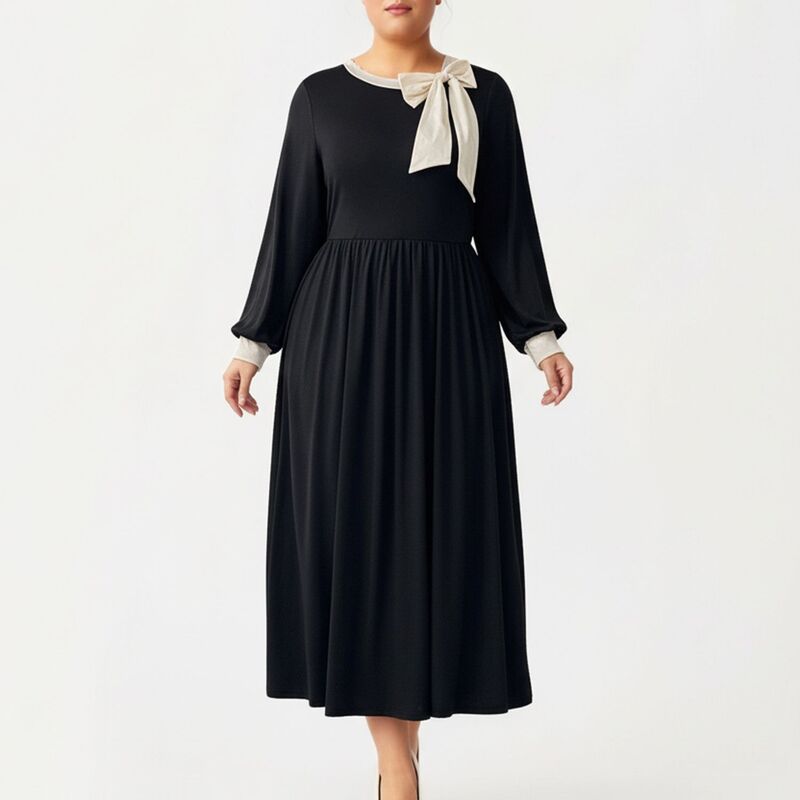 アンナカシ レディース トップス 衣装 つけ加える大きさ midi スコート Anna-Kaci Women\u0027s Plusize Long Sleeve Midi Dress with Bow Neck Detail Gathered Waist and Flowy Skirt Black 黒いこと