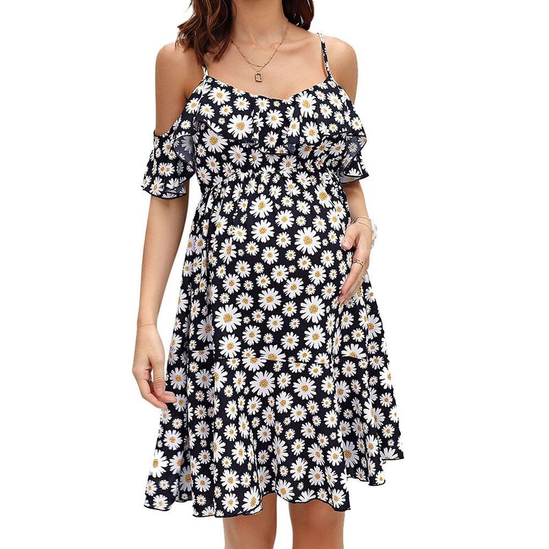 ジョイジョイ レディース トップス 衣装 非対称 刷り上げる midi マタニティ ホルター JoyJoy Maternity Daisy Print Dress Halter Short Sleeve Design Elastic Waist Asymmetric Hemidi Dress Black 黒いこと