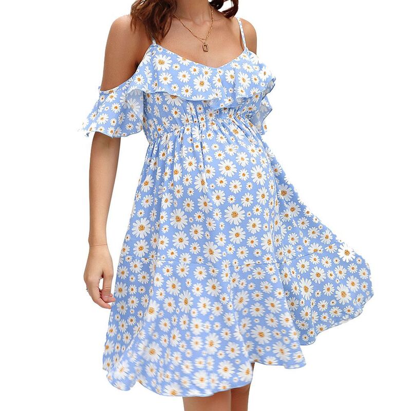 ジョイジョイ レディース トップス 衣装 非対称 刷り上げる midi マタニティ ホルター JoyJoy Maternity Daisy Print Dress Halter Short Sleeve Design Elastic Waist Asymmetric Hemidi Dress Blue 青み