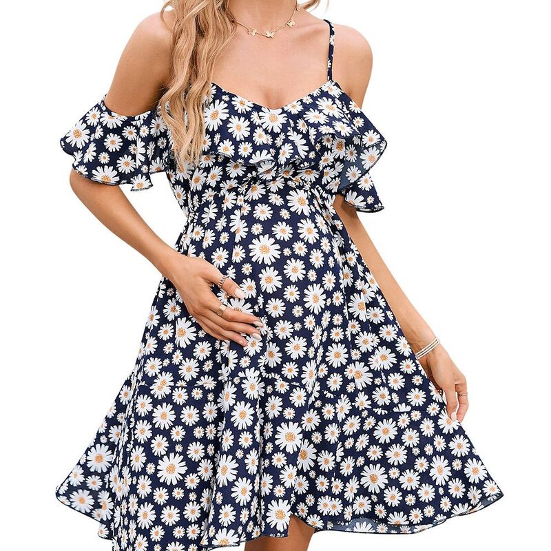 ジョイジョイ レディース トップス 衣装 非対称 刷り上げる midi マタニティ ホルター JoyJoy Maternity Daisy Print Dress Halter Short Sleeve Design Elastic Waist Asymmetric Hemidi Dress Dark Blue 青み